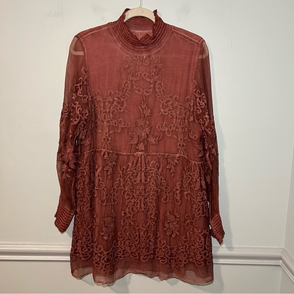 Soft Surroundings 100% Silk Blush Embroider Long Sleeve Tunic Dress Size Medium